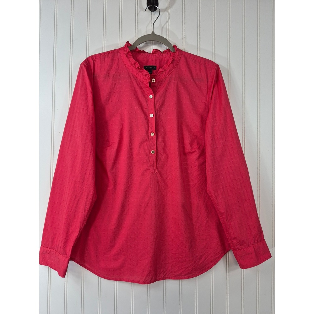 Talbots Womens Pink Swiss Dot Ruffle Neck Cotton Popover Blouse Size Large